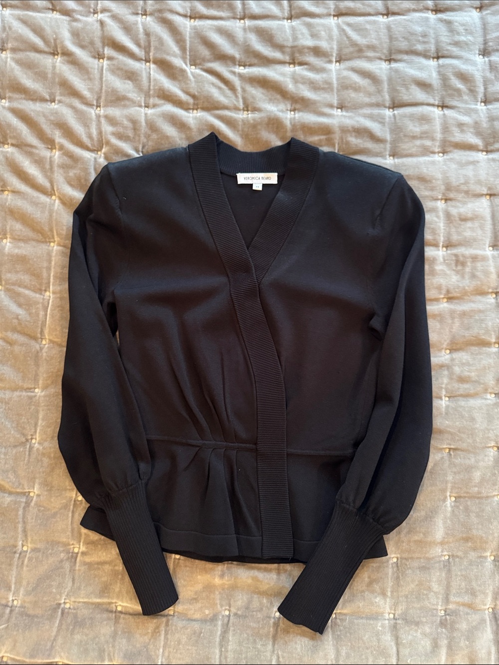 Veronica Beard Black V-Neck Ribbed Waist Sweater